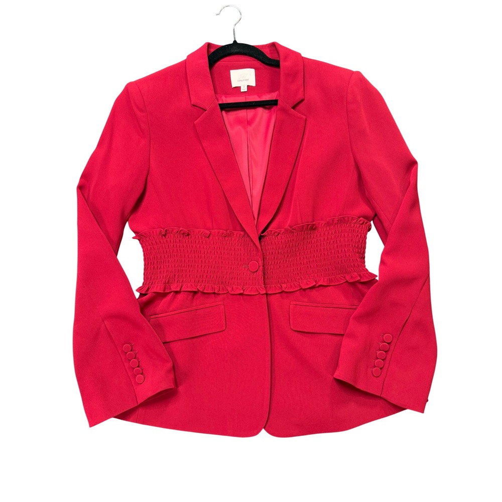 Cinq à Sept Blazer Women 12 Red Excellent Smocked Waist Ruffle Khloe Jacket Lux